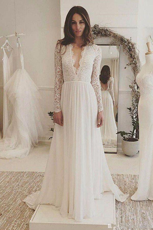 V-neck Long Sleeves Lace Chiffon Bridesmaid Dresses, Cheap Bridesmaid Dresses