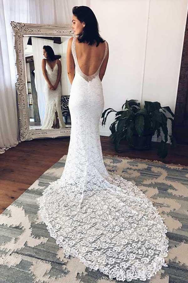 Gorgeous White Deep V-Neck Lace Mermaid Wedding Dress with Split, MW240 | Musebridals