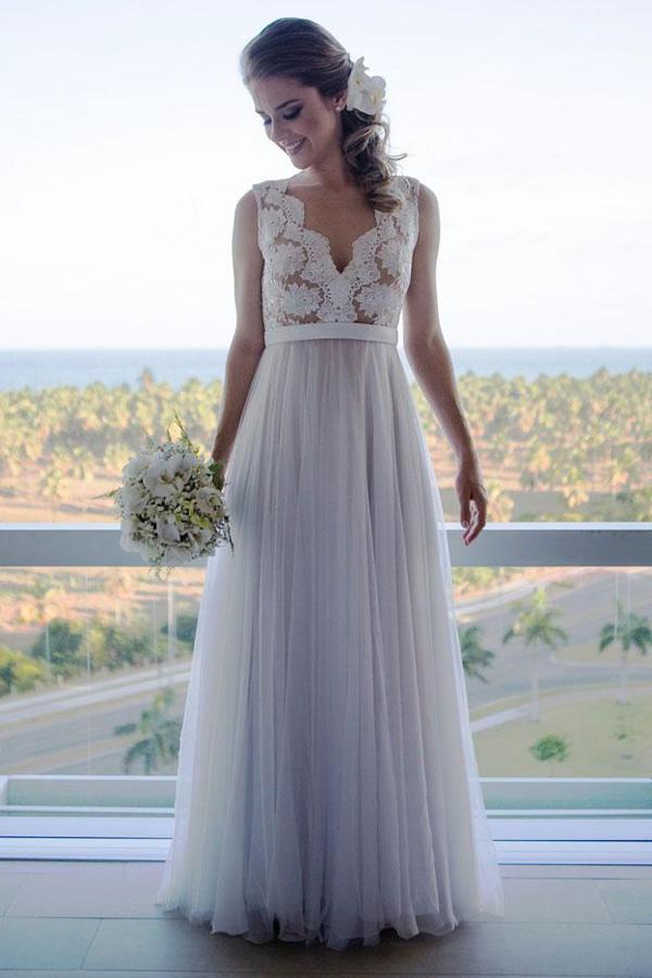 White A-line V-neck Vintage Tulle Lace Top Beach Wedding Dresses, MW229