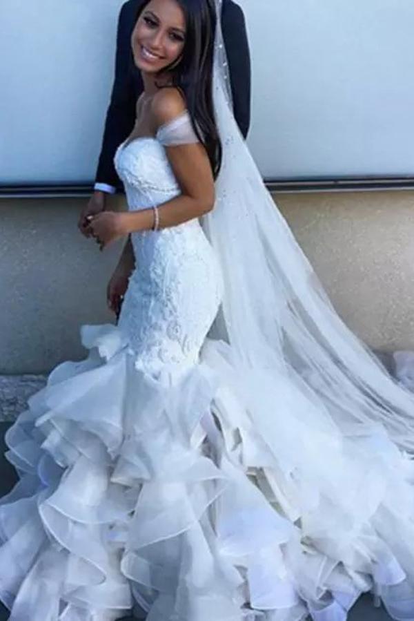 White Mermaid Off Shoulder Sweetheart  Ruffles Wedding Dresses, Bridal Gown, MW157