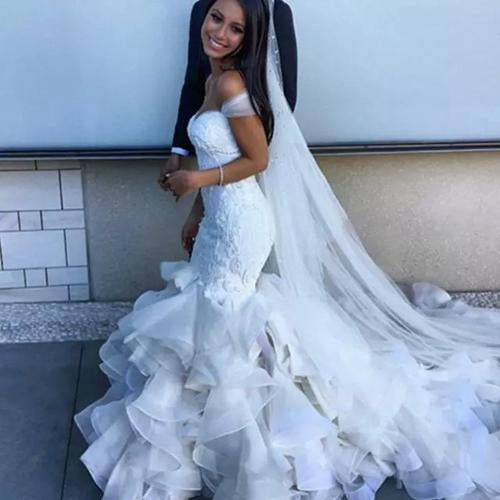 White Mermaid Off Shoulder Sweetheart  Ruffles Wedding Dresses, Bridal Gown, MW157|musebridals.com