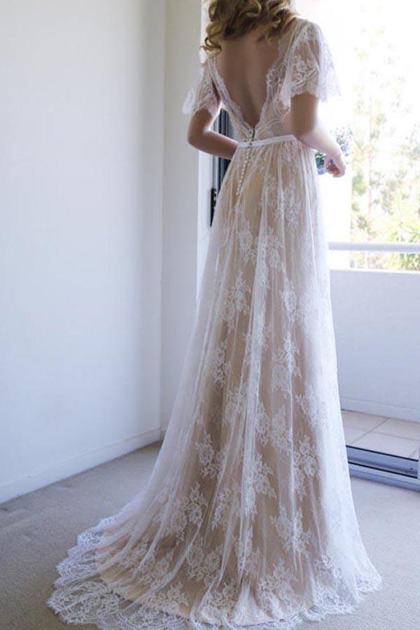 Romantic White Open Back Half Sleeves A-line Lace Long Wedding Dress, MW208