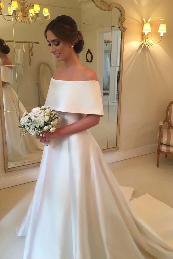 A-line Off Shoulder Simple Satin Long Bridal Gown, Hot Wedding Dresses, MW256