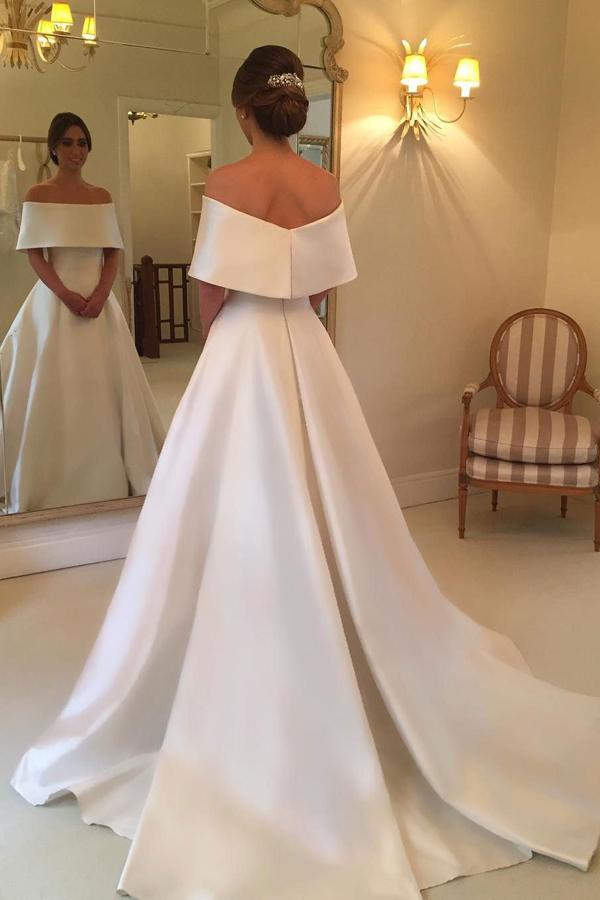 musebridals.com offer A-line Off Shoulder Simple Satin Long Bridal Gown, Hot Wedding Dresses, MW256