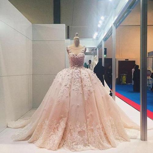Pink Lace Beaded Ball Gown Applique Wedding Dresses Quinceanera Dress, MW204|musebridals.com