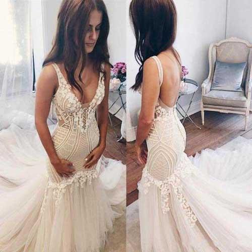 Gorgeous Ivory Tulle Mermaid V-Neck Lace Sleeveless Wedding Dresses, MW156|musebridals.com