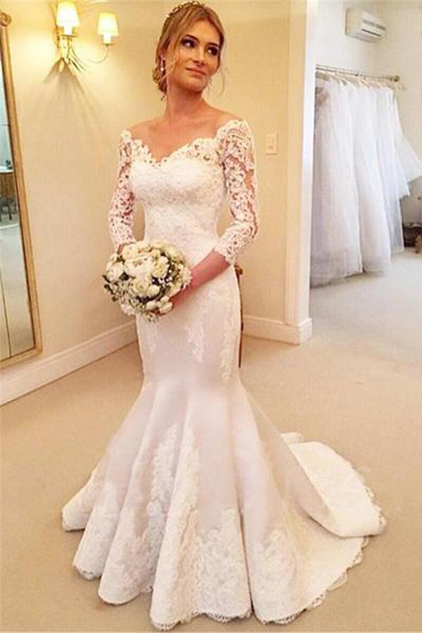 Beautiful Lace Mermaid V-Neck 3/4 Sleeves Ball Gowns Wedding Dresses, MW163