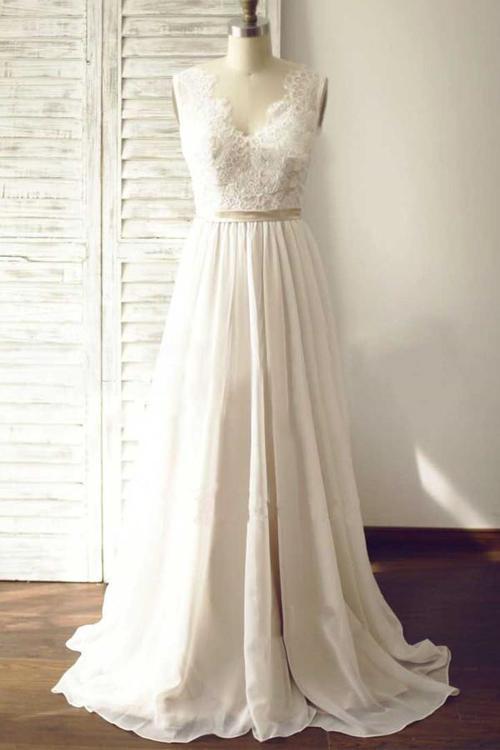 Ivory V-neck Open Back Sleeveless Lace Sash Wedding Dress with Sweep Train, MW176|musebridals.com