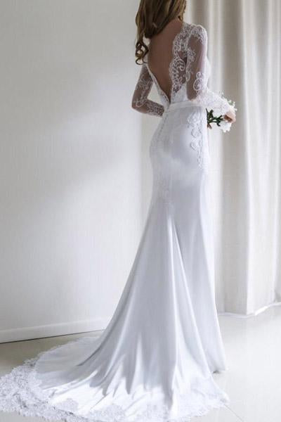 Fabulous White Long Sleeves Mermaid Lace Long Wedding Dress with Train ...
