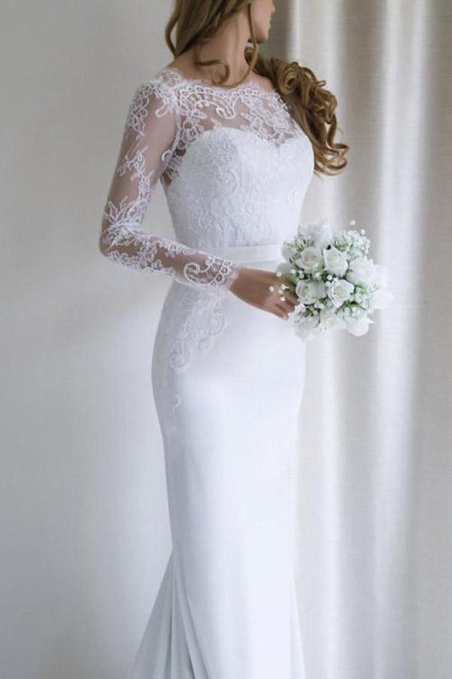 Fabulous White Long Sleeves Mermaid Lace Long Wedding Dress with Train, MW144 sold by musebridals.com