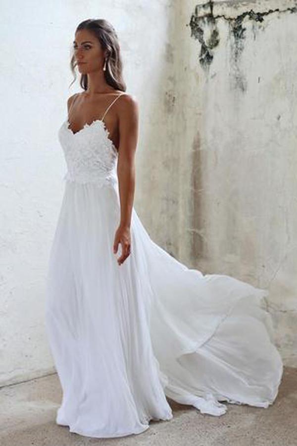 White Spaghetti Straps Open Back Lace Beach Wedding Dresses, MW212