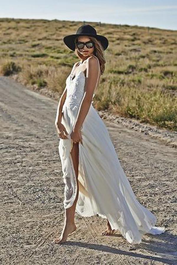 Musebridals.com offer White Spaghetti Straps Open Back Lace Beach Wedding Dresses, MW212