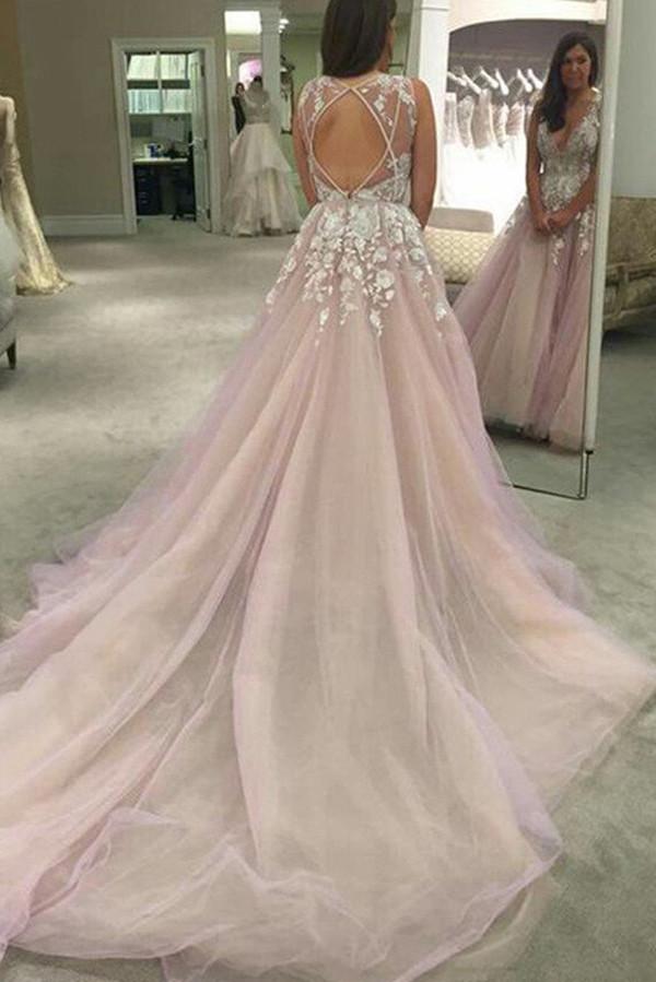 Pink A-line V-neck Sheer Back Long Wedding Dresses with Appliques, MW245
