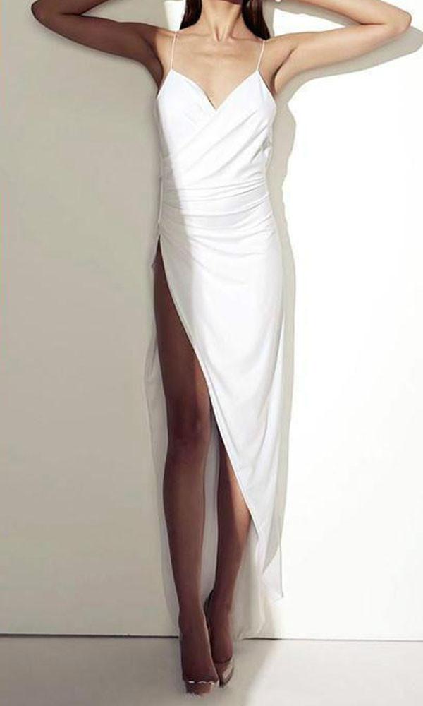 musebridals.com offer White Satin Simple Sheer Back Beach Wedding Dresses With Side Slit, MW251