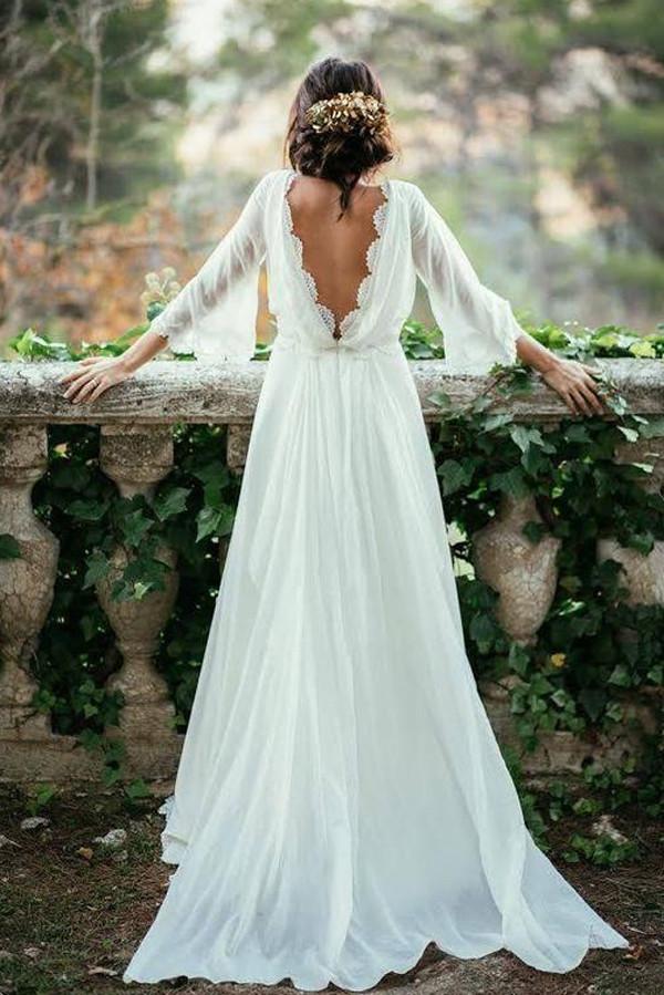 Long Sleeves Lace Top Beach Wedding Dresses, Simple Chiffon Wedding Dresses, Bridal Gown Long Sleeves Lace Top Beach Wedding Dresses, Simple Chiffon Wedding Dresses, Bridal Gown