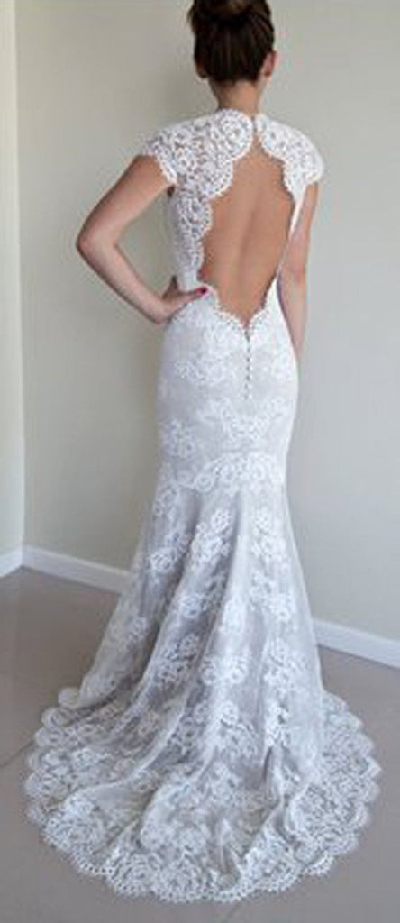 White Mermaid Lace Round Neck Open Back Half Sleeves Wedding Dresses, MW211