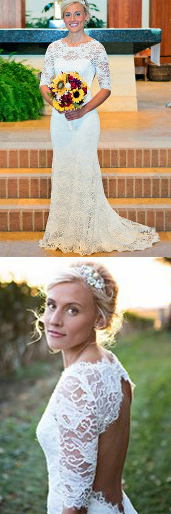 White Mermaid Lace Round Neck Open Back Half Sleeves Wedding Dresses, MW211|musebridals.com