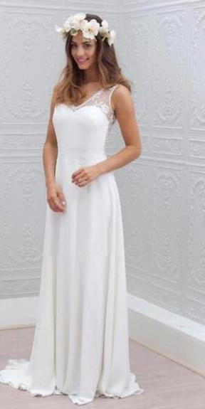 Cheap Simple Chiffon Lace Open Back White Wedding Dresses, Beach Wedding Dress, MW122