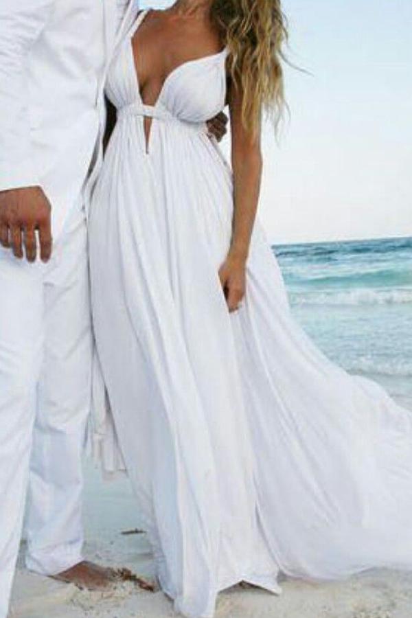 Charming White Chiffon Simple Sleeveless Open Back Beach Wedding Dresses, MW227