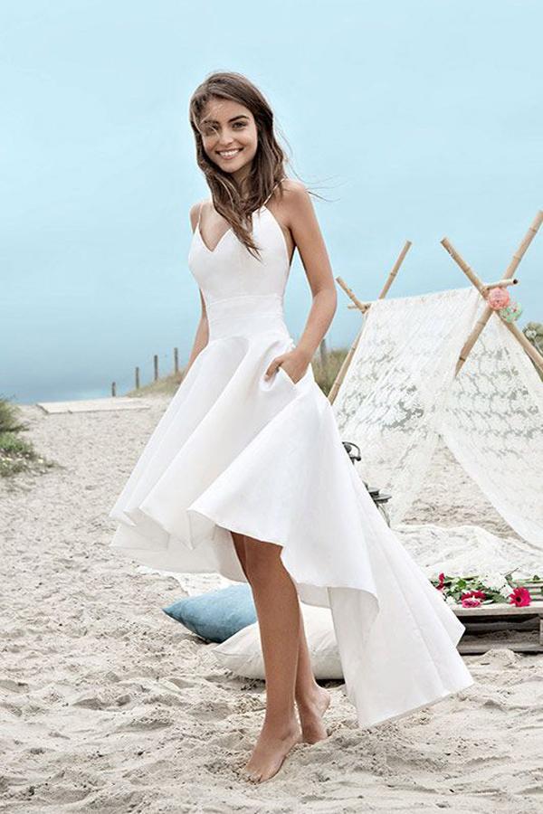 White High Low Sweetheart Spaghetti Straps Simple Beach Wedding Dresses, MW223
