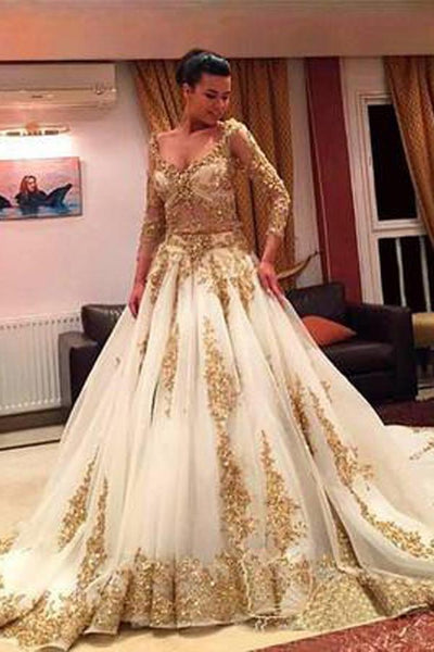 gold wedding dresses with long sleeves Lace Beaded V-Neck Ball Gown Chapel Train, MW154 – Musebridals Long Sleeve Midi Dresses minority owned yet modest bridal look Size:31W