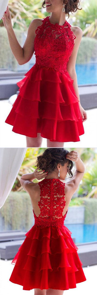 Red Lace Scoop Neck A-line Chiffon Tiered Homecoming Dress, Short Prom Dresses, MH304