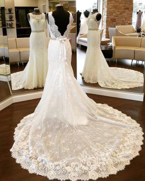 White Lace Open Back Mermaid Vintage Scoop Neckline Wedding Dresses, MW200