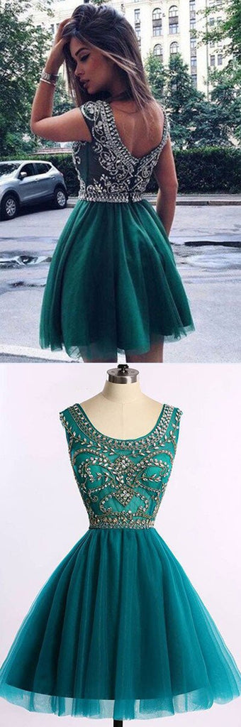 Cheap Green Beaded Tulle A-line Short Prom Dress, Homecoming Dresses, MH329