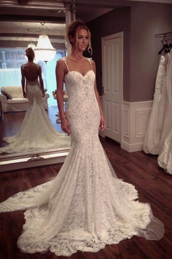 Modest Lace Spaghetti Straps Mermaid Wedding Dresses, Summer Wedding Gowns, MW184