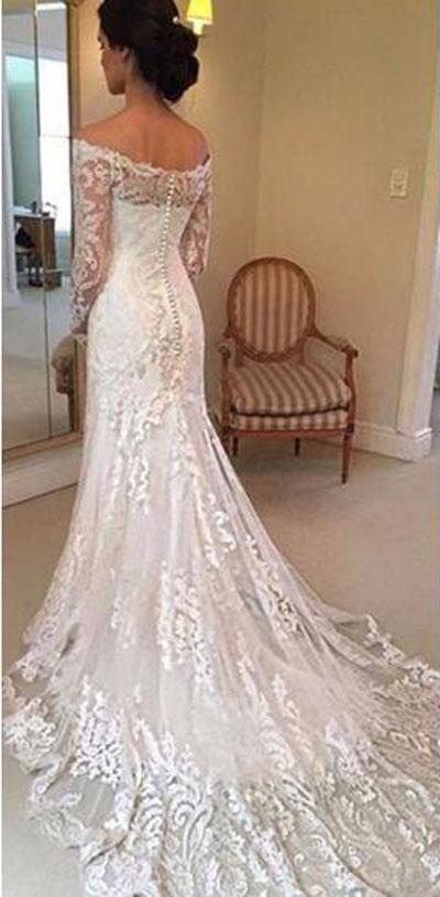 White Long Sleeves Off Shoulder Lace Sweep Train Wedding Dresses, MW236