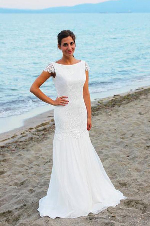 White Cap Sleeves Scoop Neck Open Back Lace Beach Wedding Dresses, MW199