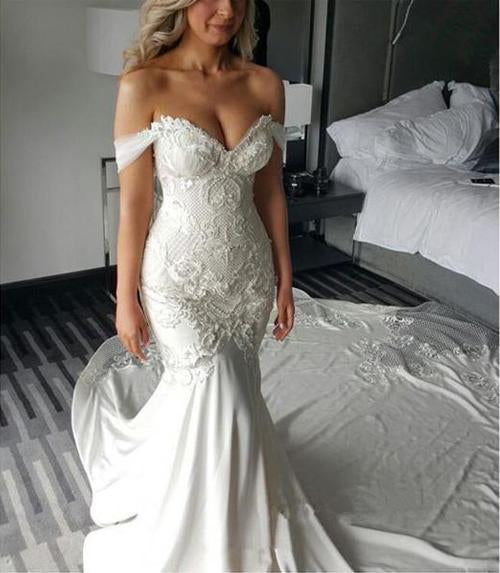 Sweetheart Off Shoulder Mermaid Long Wedding Dress with Sweep Train, MW119 at musebridals.com