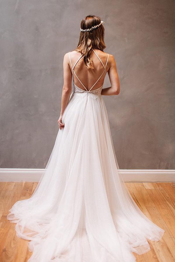 musebridals.com|Simple Spaghetti Straps A-Line Tulle Open Back Wedding Dresses online, MW253