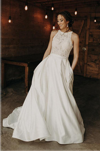 Satin A-line Lace Illusion Halter Wedding Dresses MW611 | Musebridals