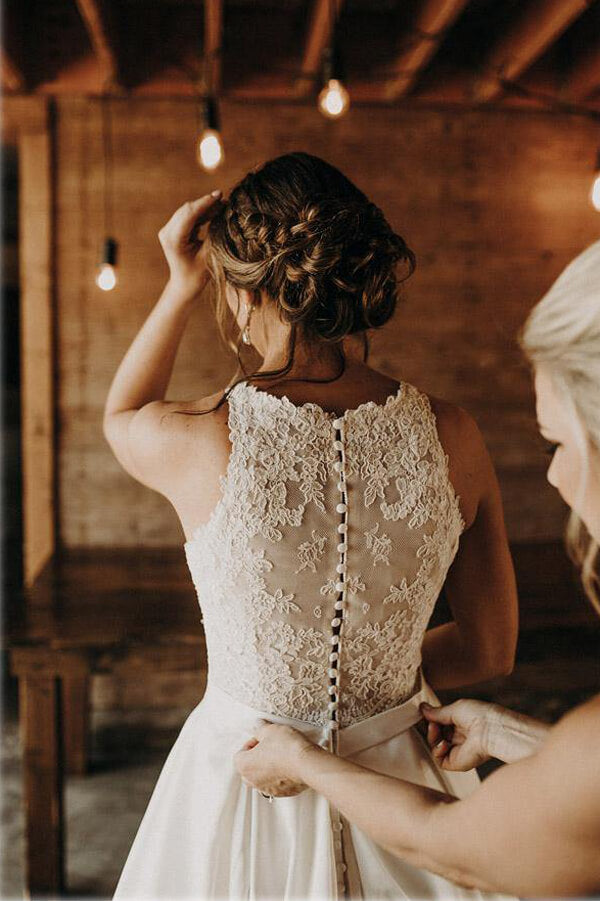 Satin A-line Lace Illusion Halter Wedding Dresses MW611 | Musebridals Satin A-line Lace Illusion Halter Wedding Dresses MW611 | Musebridals