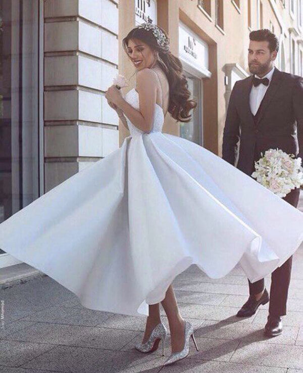 Satin A-line V-neck Spaghetti Straps Short Wedding Dresses with Appliques, MW514 | cheap lace wedding dresses | wedding gowns | bridal gowns | short wedding dresses | www.musebridals.com