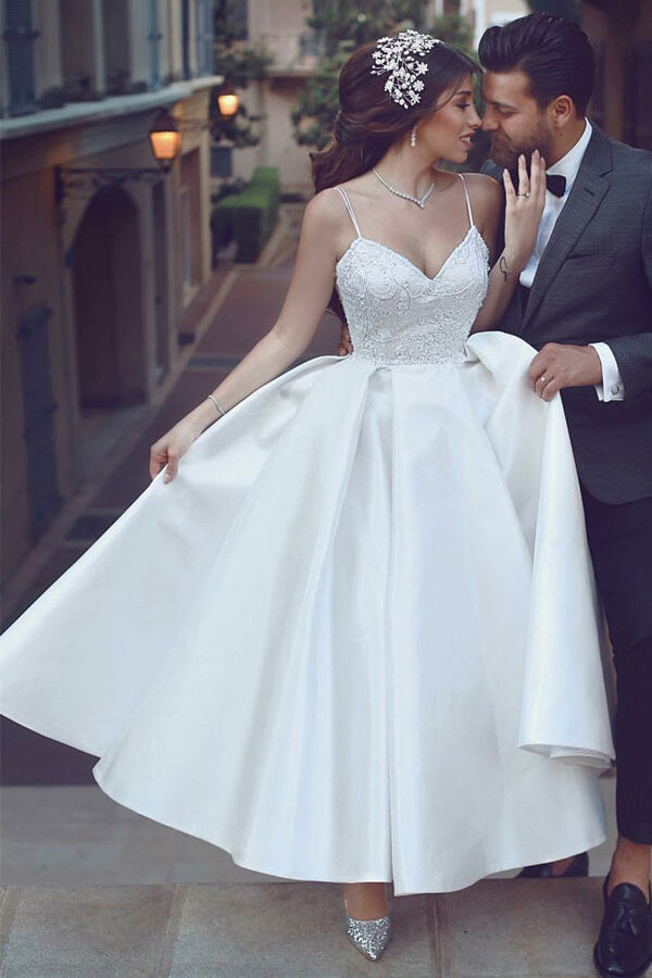 Satin A-line V-neck Spaghetti Straps Short Wedding Dresses with Appliques, MW514 | wedding dresses | short wedding dresses | bridal dresses | www.simidress.com