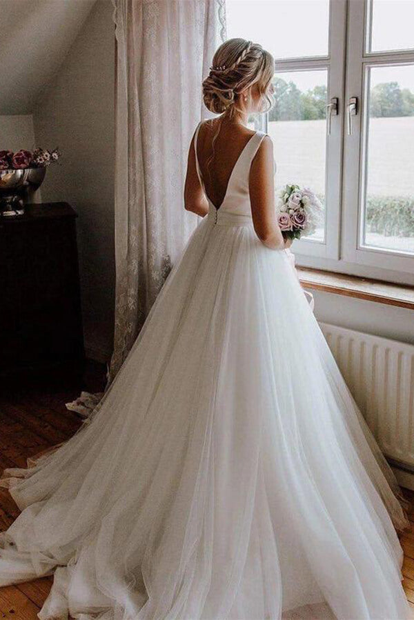 Satin Tulle A-Line Bateau Sleeveless Wedding Dresses With Bow, MW554