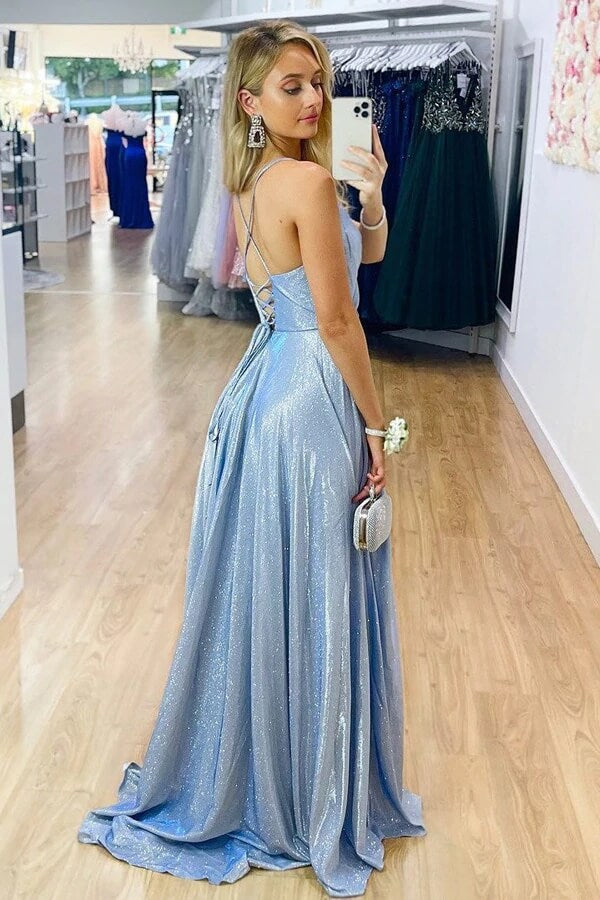 Shiny Blue A-line V-neck Long Prom Dresses, Evening Dress with Side Slit, MP682 | cheap long prom dresses | sparkly evening gown | vintage prom dresses | www.musebridals.com
