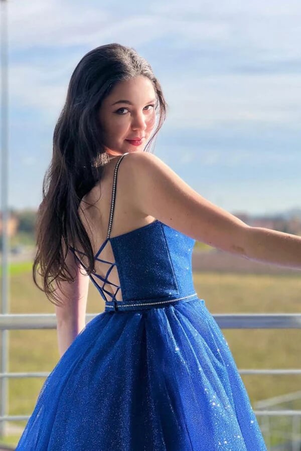 Shiny Blue Tulle A-line V-neck Long Formal Dresses, Simple Prom Dresses, MP798 | blue prom dress | cheap prom dress | new arrival prom dress | musebridals.com