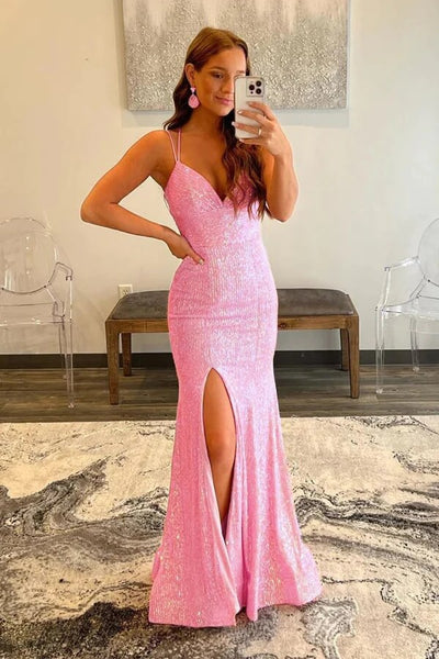 Viniodress Shimmering Pink Sequin Mermaid Prom Dress with Spaghetti Straps and High Slit FD3461 Custom Colors / US2