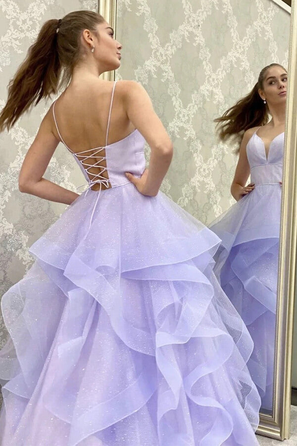Shiny Purple Tulle A-line V-neck Prom Dress, Spaghetti Straps Evening Gown, MP697 | sparkly prom dresses | simple long prom dresses | new arrival prom dresses | www.musebridals.com