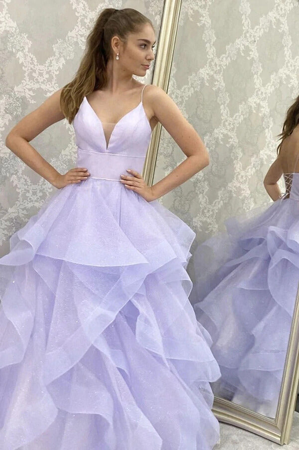Shiny Purple Tulle A-line V-neck Prom Dress, Spaghetti Straps Evening Gown, MP697 | a line prom dresses | cheap prom dresses | long formal dresses | www.musebridals.com