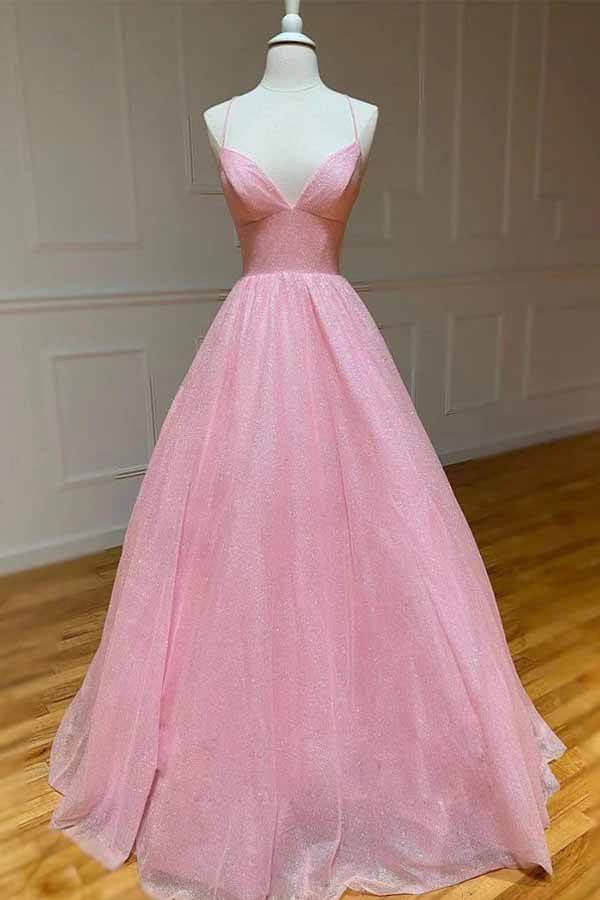 Shiny Tulle A-line Spaghetti Straps Prom Dresses, Long Formal Dresses, MP664 | pink prom dresses | a line prom dresses | sparkly prom dress | www.musebridals.com