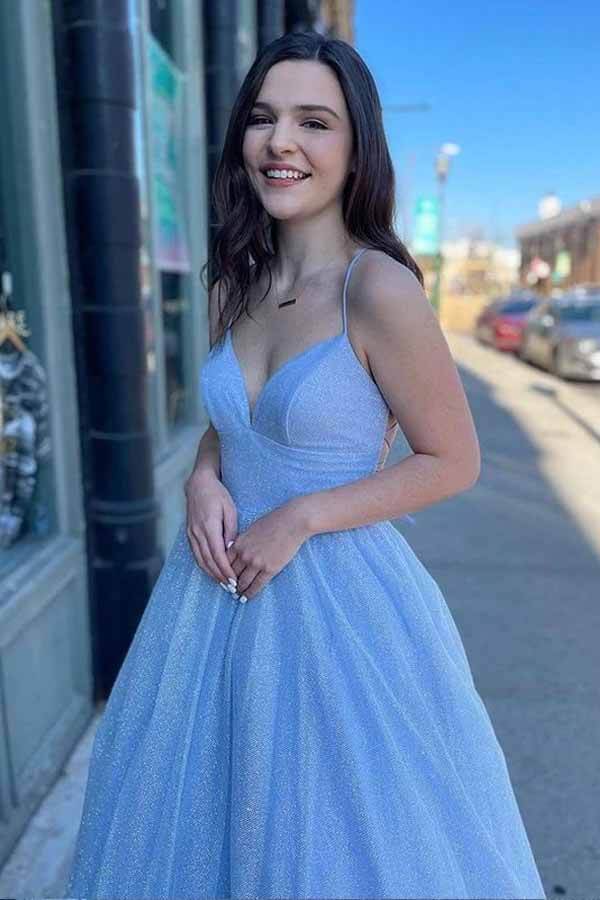 Shiny Tulle A-line Spaghetti Straps Prom Dresses, Long Formal Dresses, MP664 | blue prom dress | shiny prom dresses | simple prom dresses | www.musebridals.com