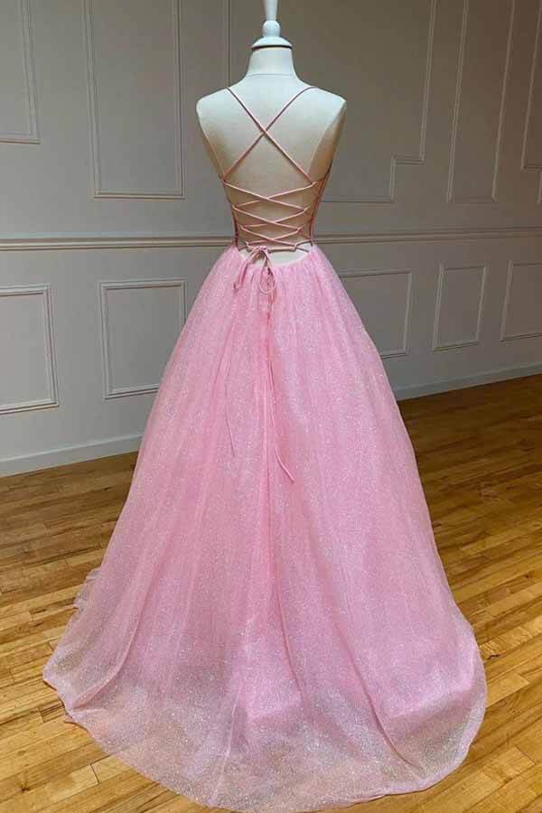 Shiny Tulle A-line Spaghetti Straps Prom Dresses, Long Formal Dresses, MP664 | tulle prom dresses | a line v neck prom dress | party dresses | www.musebridals.com