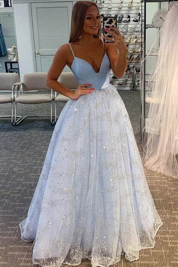 Shiny Tulle Blue A-line V-neck Floor Length Prom Dresses, Evening Dresses, MP797 | blue prom dresses | sequins prom dresses | cheap long prom dress | musebridals.com