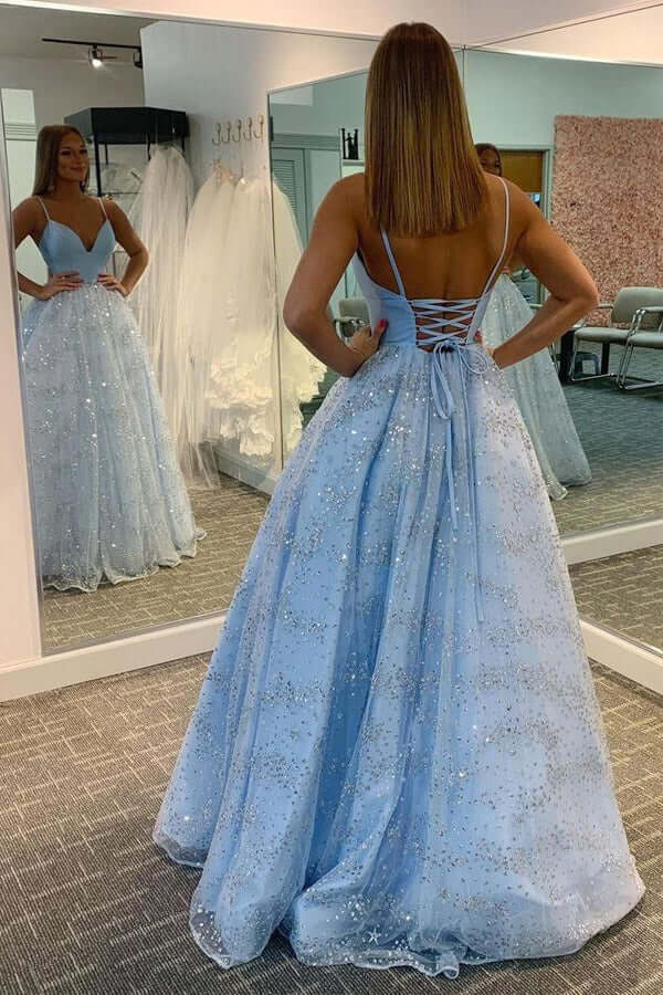 Shiny Tulle Blue A-line V-neck Floor Length Prom Dresses, Evening Dresses, MP797 | evening gown | long formal dresses | party dress | musebridals.com