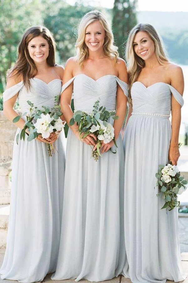 Silver Chiffon A-line Off Shoulder Bridesmaid Dresses, Wedding Party Dress, MBD171 | cheap bridesmaid dresses | wedding guest dresses | budget bridesmaid dress | musebridals.com