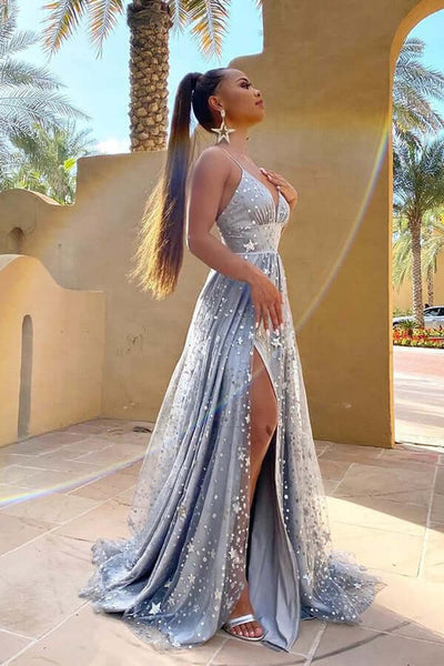 Silver Tulle A-line Spaghetti Straps Prom Dresses MP789 Silver Tulle A-line Spaghetti Straps Prom Dresses MP789